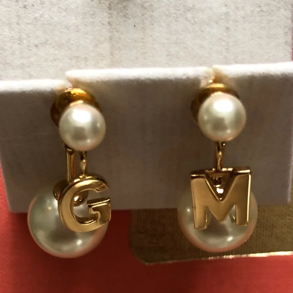 Dior Gold Pearl Drop Initial Earrings - G M - Picture 5 of 5